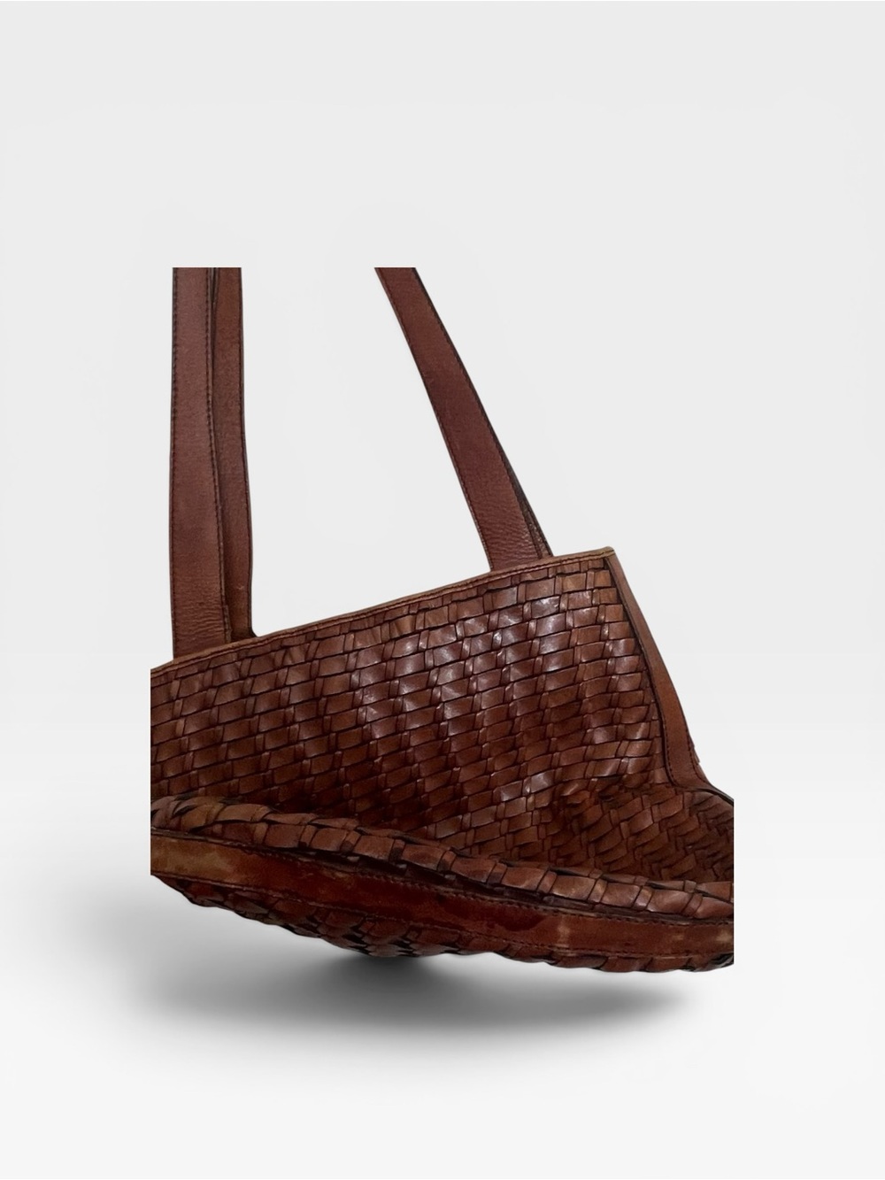 Vintage Fossil Woven Leather Shoulder Bag Tote Cognac Brown Boho Crossbody - Picture 4 of 14